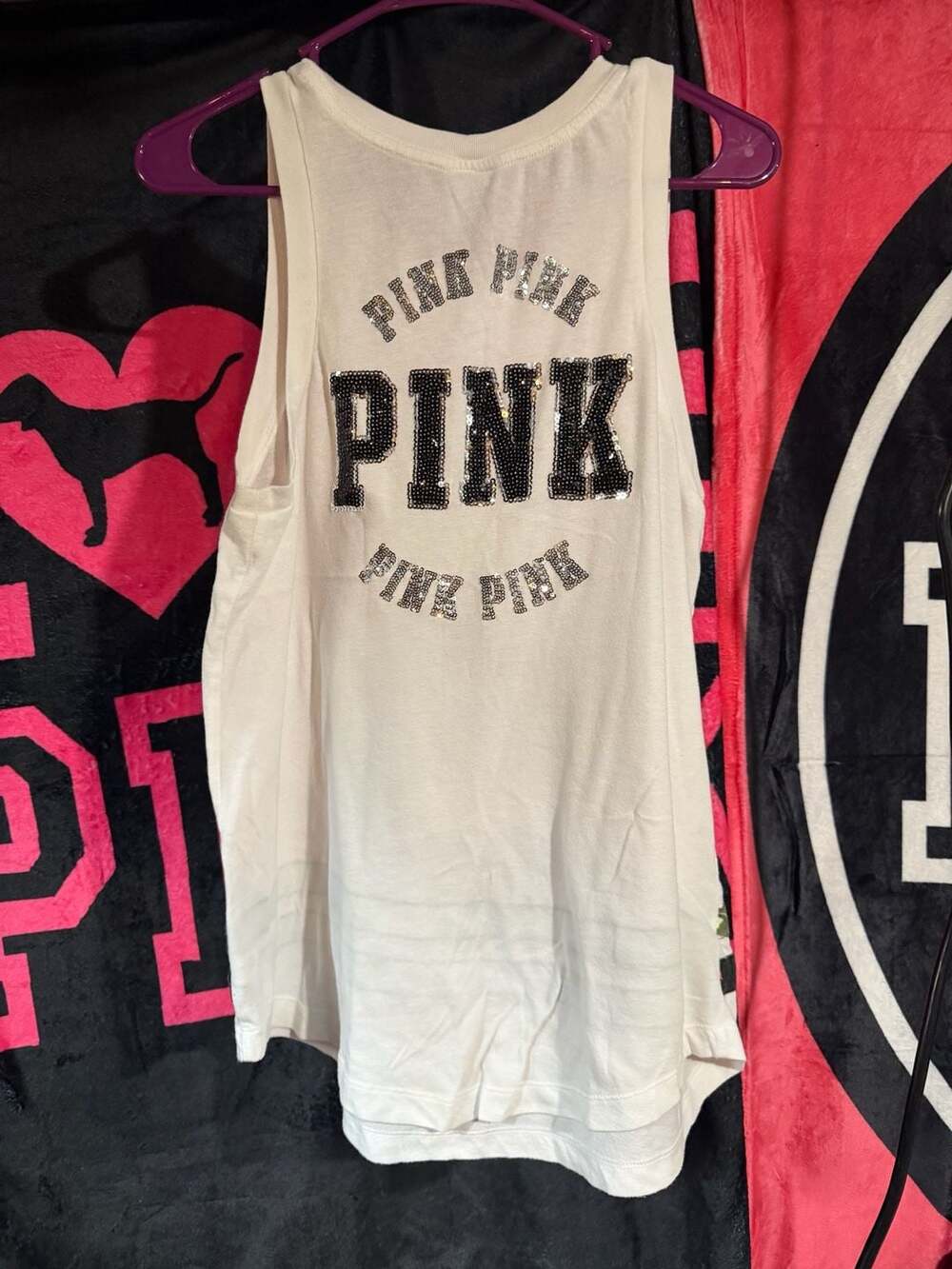 PINK Victoria's Secret Sequin Logo Muscle Tank Top with Floral Hem